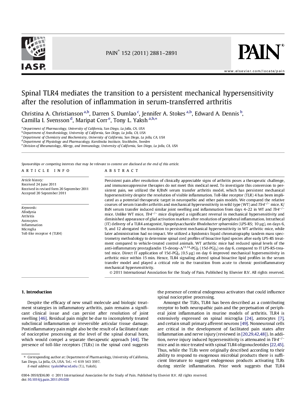 Spinal TLR4 mediates the transition to a persistent mechanical hypersensitivity after the resolution of inflammation in serum-transferred arthritis