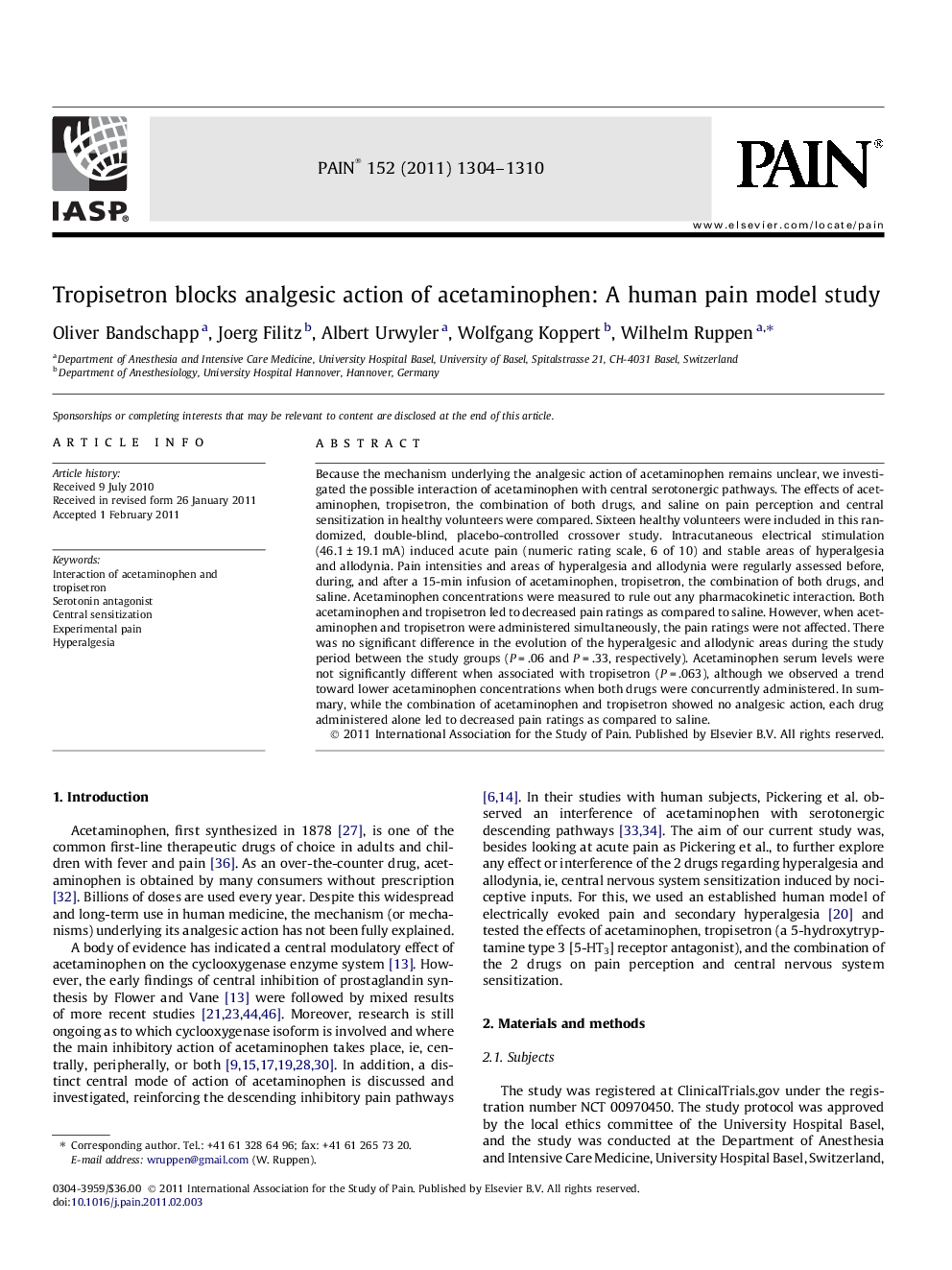 Tropisetron blocks analgesic action of acetaminophen: A human pain model study