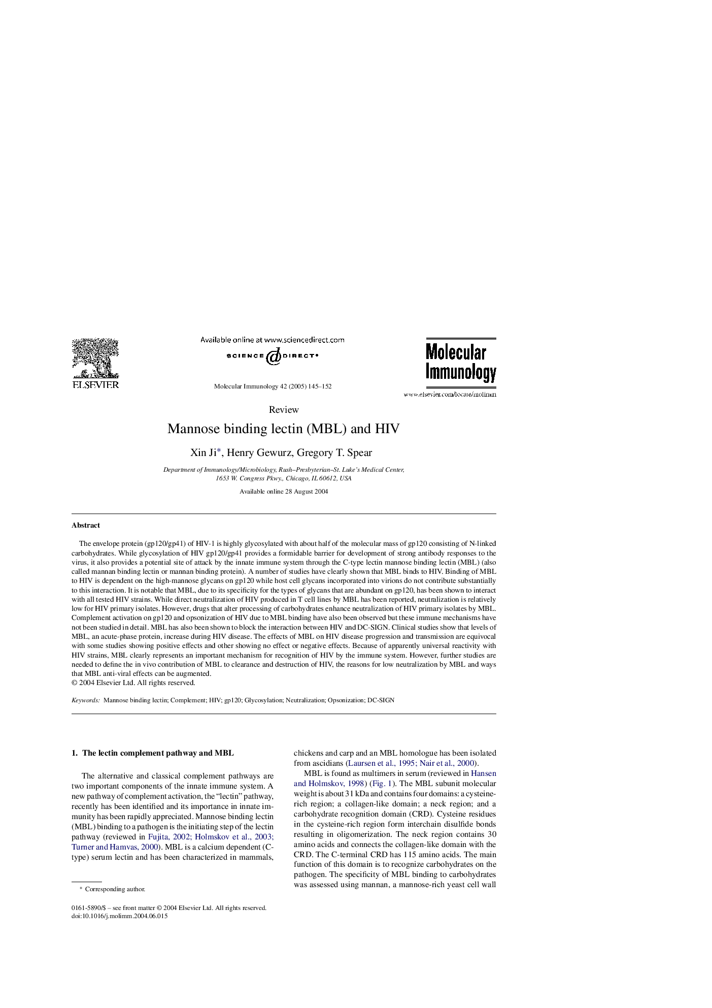 Mannose binding lectin (MBL) and HIV