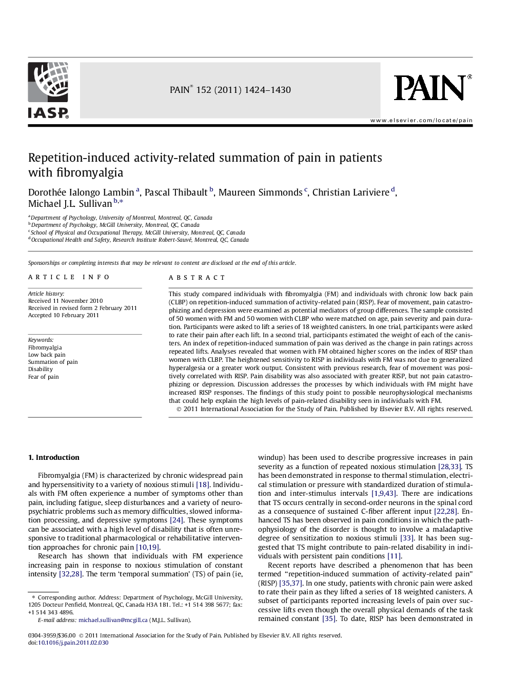 Repetition-induced activity-related summation of pain in patients with fibromyalgia