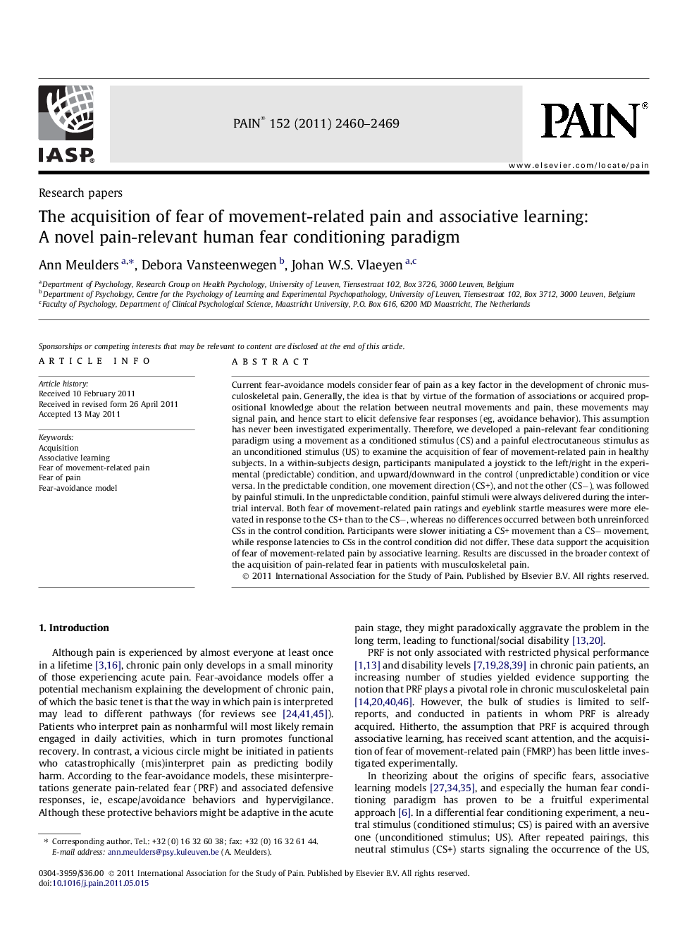 The acquisition of fear of movement-related pain and associative learning: A novel pain-relevant human fear conditioning paradigm