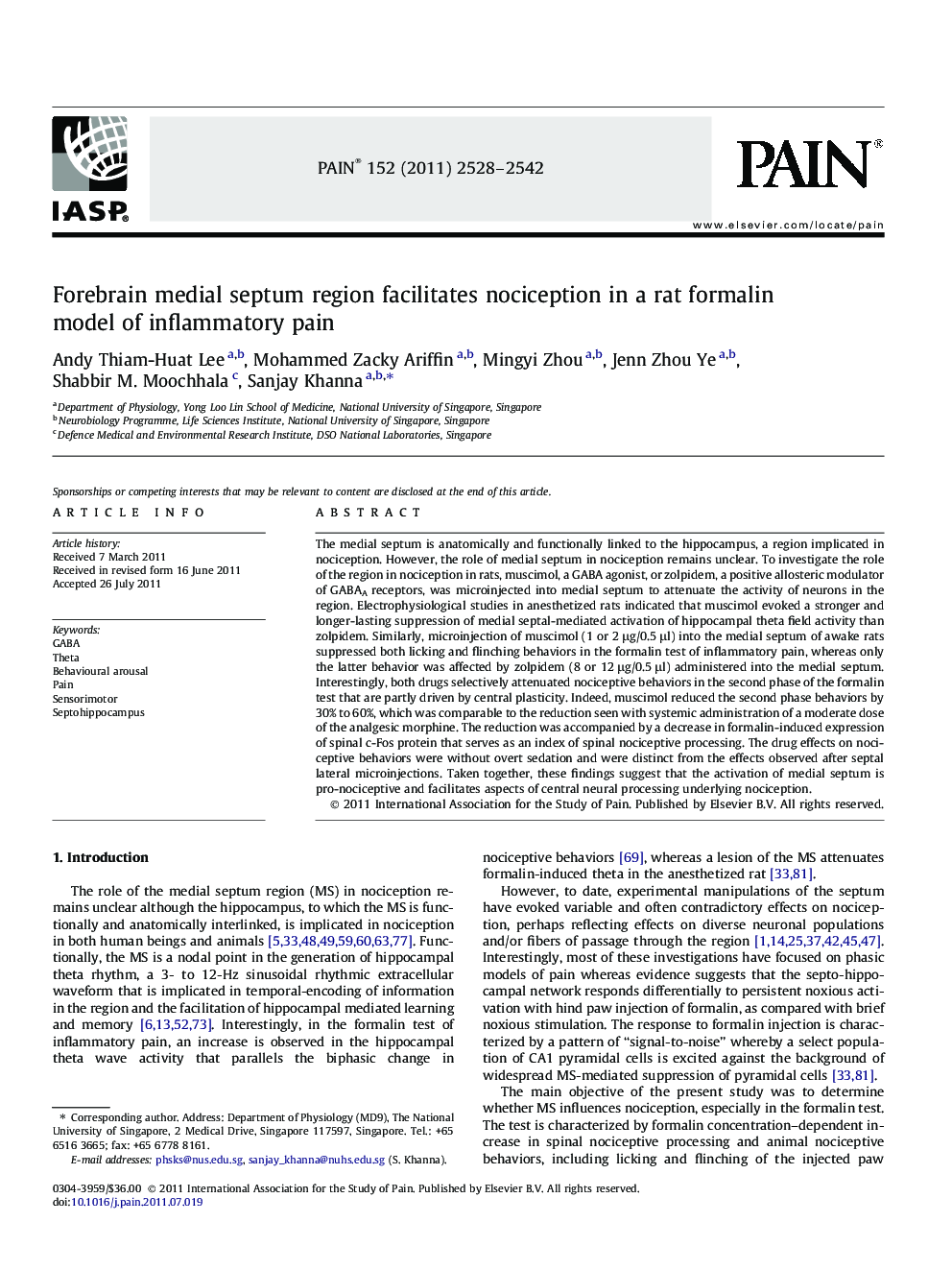 Forebrain medial septum region facilitates nociception in a rat formalin model of inflammatory pain