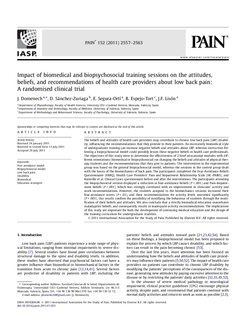 Impact of biomedical and biopsychosocial training sessions on the attitudes, beliefs, and recommendations of health care providers about low back pain: A randomised clinical trial