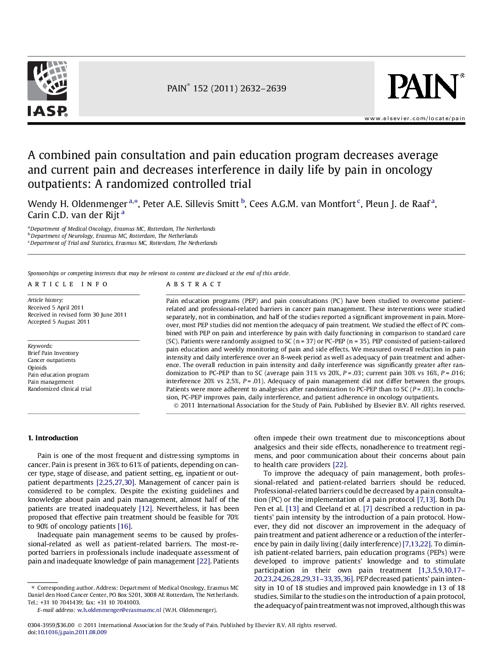 A combined pain consultation and pain education program decreases average and current pain and decreases interference in daily life by pain in oncology outpatients: A randomized controlled trial