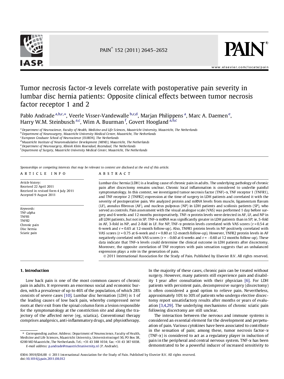 Tumor necrosis factor-Î± levels correlate with postoperative pain severity in lumbar disc hernia patients: Opposite clinical effects between tumor necrosis factor receptor 1 and 2