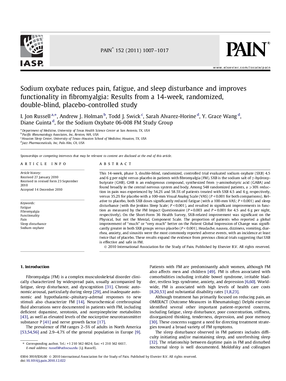 Sodium oxybate reduces pain, fatigue, and sleep disturbance and improves functionality in fibromyalgia: Results from a 14-week, randomized, double-blind, placebo-controlled study