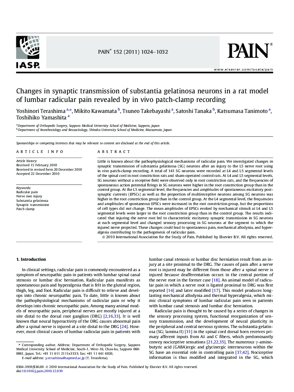 Changes in synaptic transmission of substantia gelatinosa neurons in a rat model of lumbar radicular pain revealed by in vivo patch-clamp recording