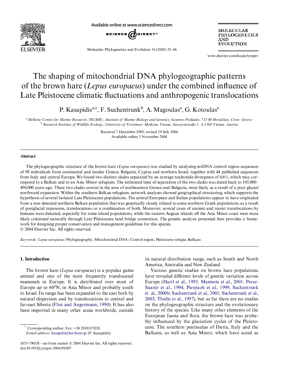 The shaping of mitochondrial DNA phylogeographic patterns of the brown hare (Lepus europaeus) under the combined influence of Late Pleistocene climatic fluctuations and anthropogenic translocations