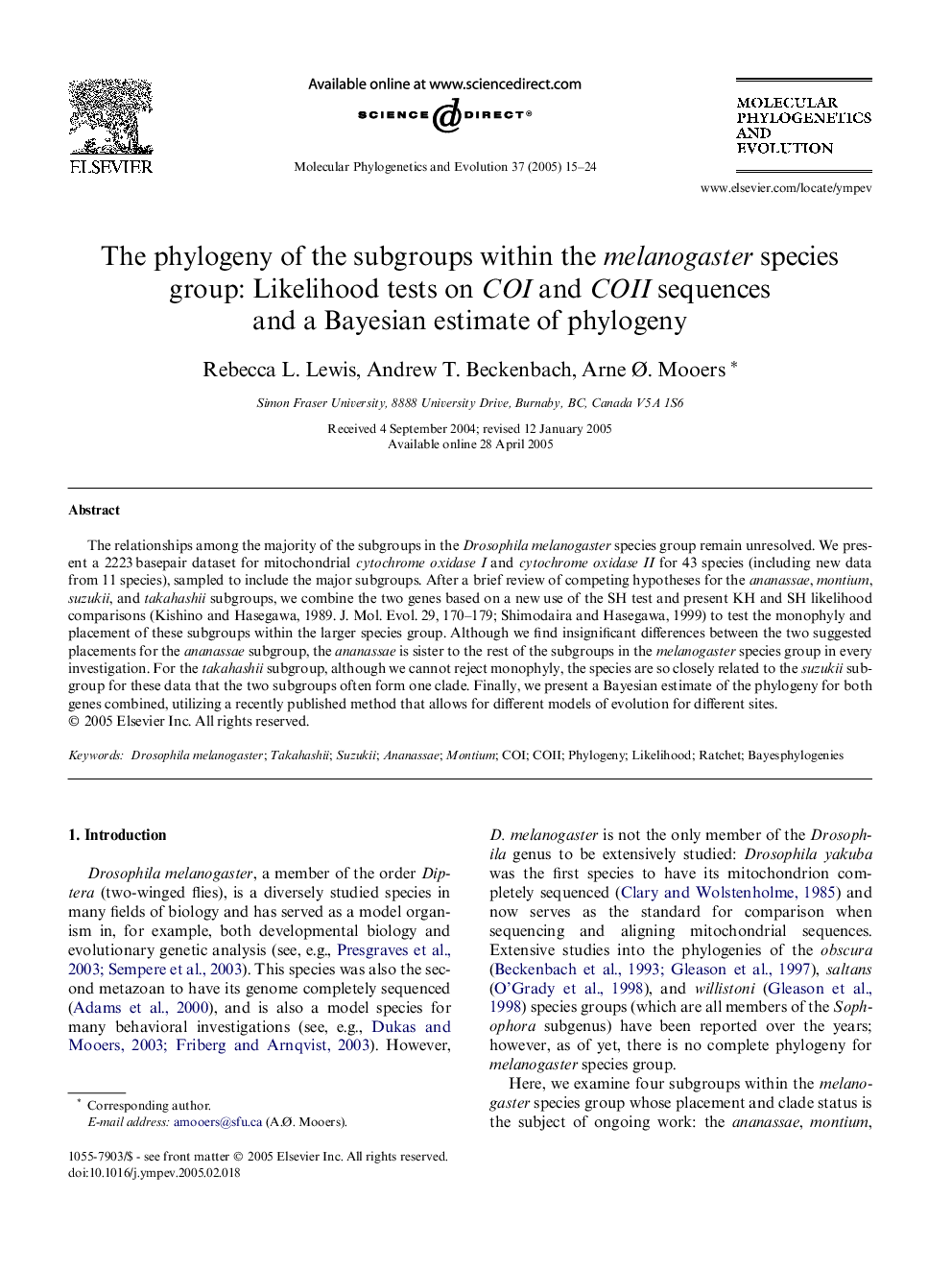 The phylogeny of the subgroups within the melanogaster species group: Likelihood tests on COI and COII sequences and a Bayesian estimate of phylogeny