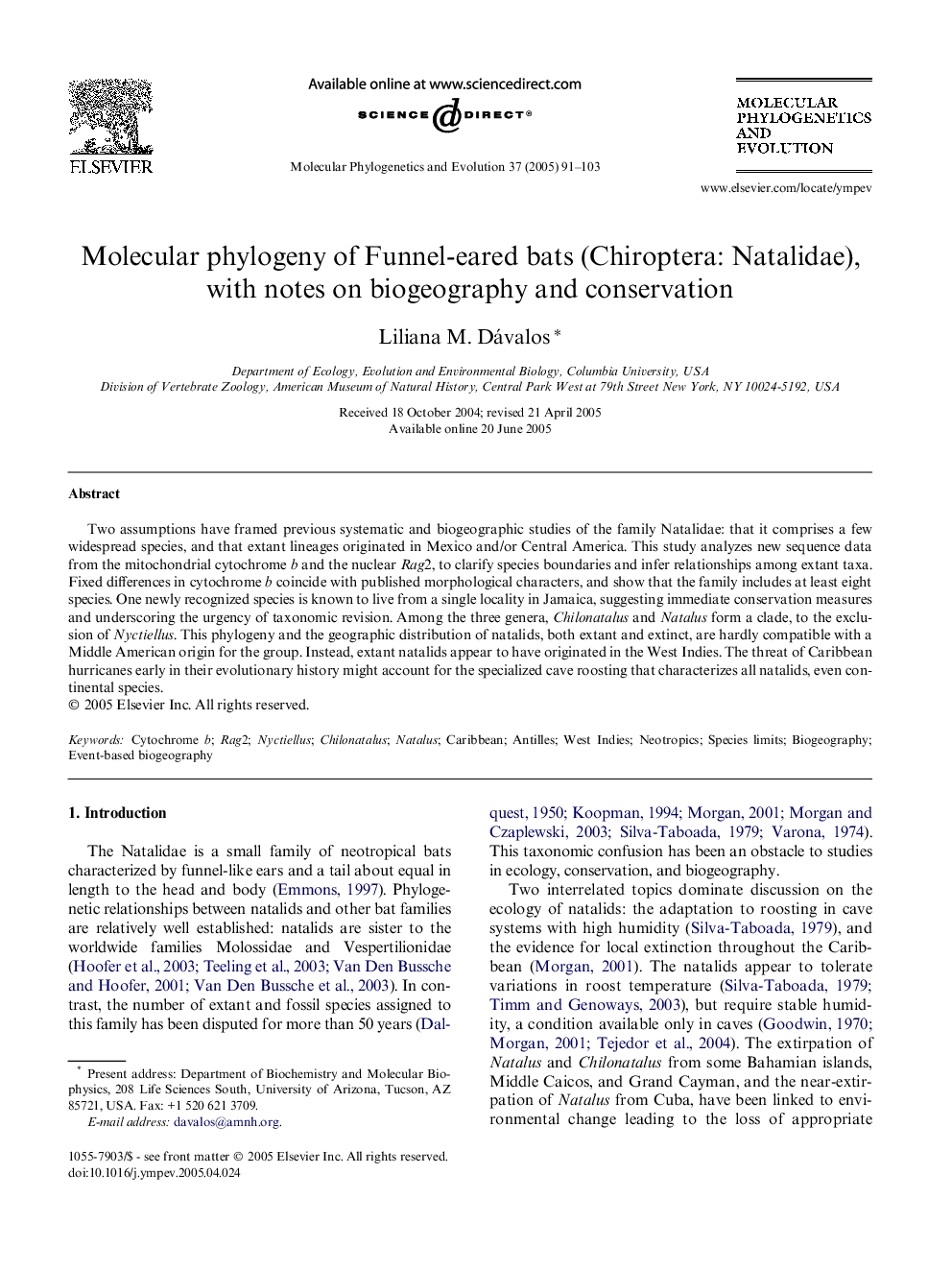 Molecular phylogeny of funnel-eared bats (Chiroptera: Natalidae), with notes on biogeography and conservation