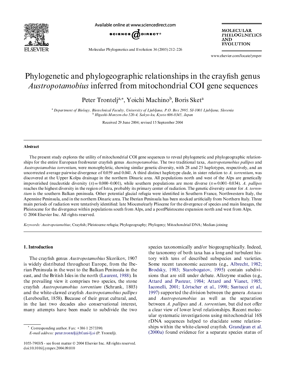 Phylogenetic and phylogeographic relationships in the crayfish genus Austropotamobius inferred from mitochondrial COI gene sequences