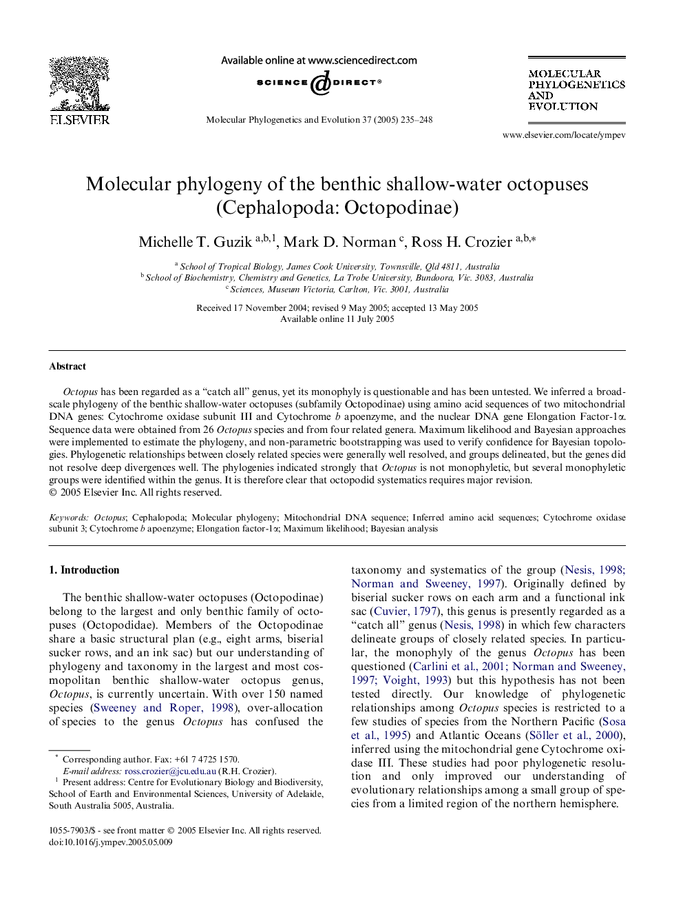 Molecular phylogeny of the benthic shallow-water octopuses (Cephalopoda: Octopodinae)