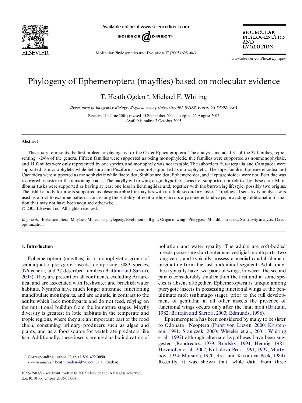 Phylogeny of Ephemeroptera (mayflies) based on molecular evidence