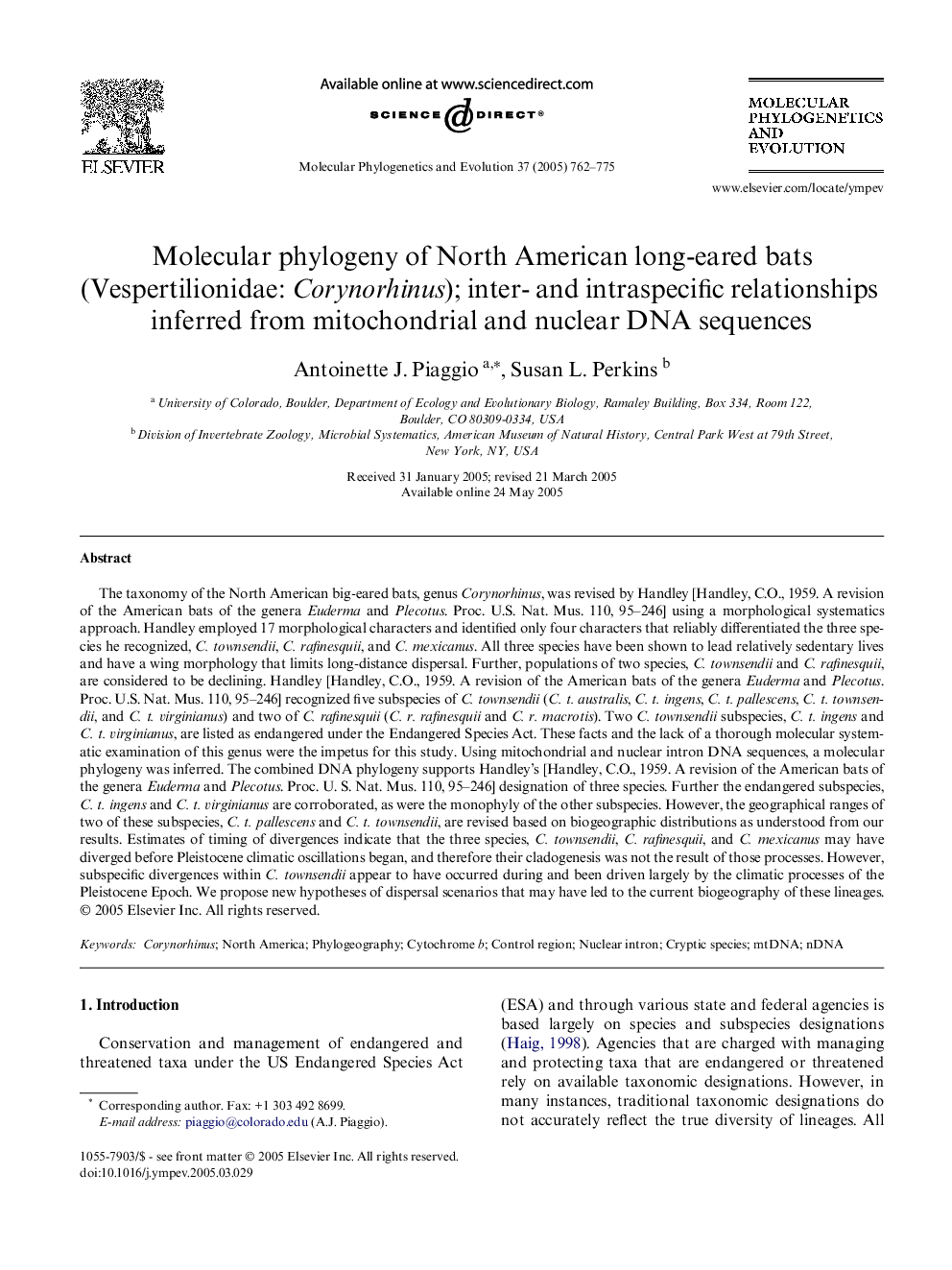 Molecular phylogeny of North American long-eared bats (Vespertilionidae: Corynorhinus); inter- and intraspecific relationships inferred from mitochondrial and nuclear DNA sequences