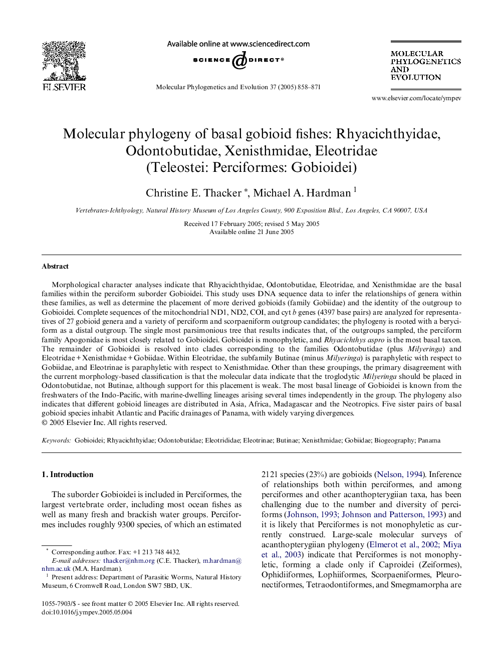 Molecular phylogeny of basal gobioid fishes: Rhyacichthyidae, Odontobutidae, Xenisthmidae, Eleotridae (Teleostei: Perciformes: Gobioidei)