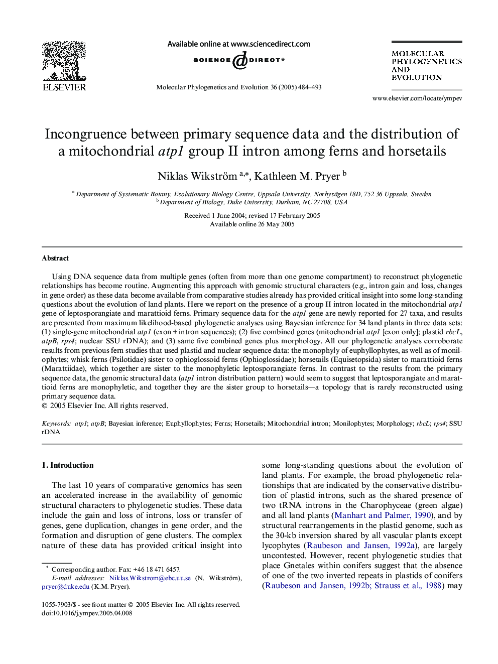 Incongruence between primary sequence data and the distribution of a mitochondrial atp1 group II intron among ferns and horsetails