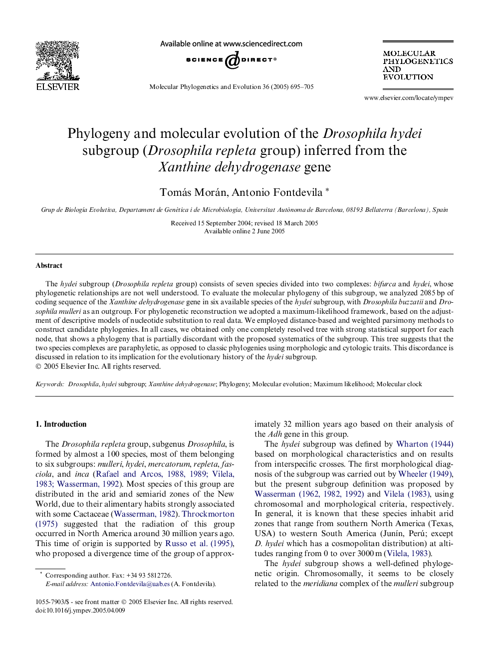 Phylogeny and molecular evolution of the Drosophila hydei subgroup (Drosophila repleta group) inferred from the Xanthine dehydrogenase gene