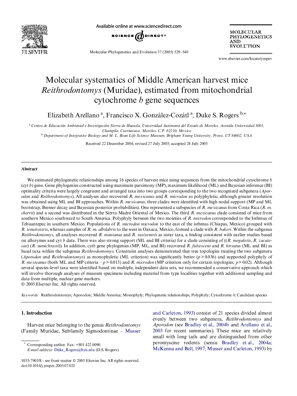 Molecular systematics of Middle American harvest mice Reithrodontomys (Muridae), estimated from mitochondrial cytochrome b gene sequences