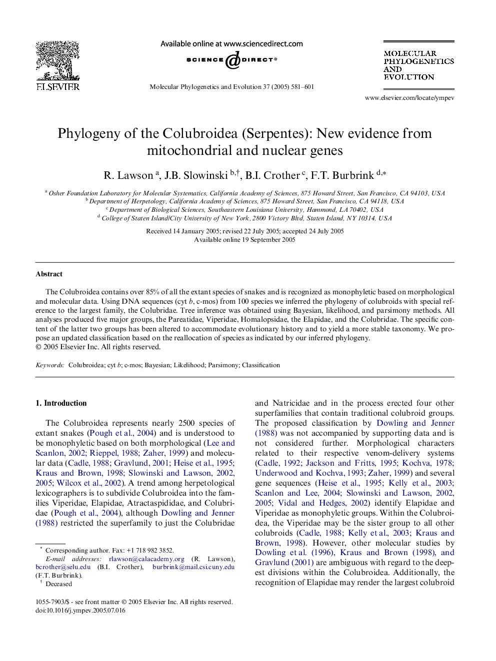 Phylogeny of the Colubroidea (Serpentes): New evidence from mitochondrial and nuclear genes