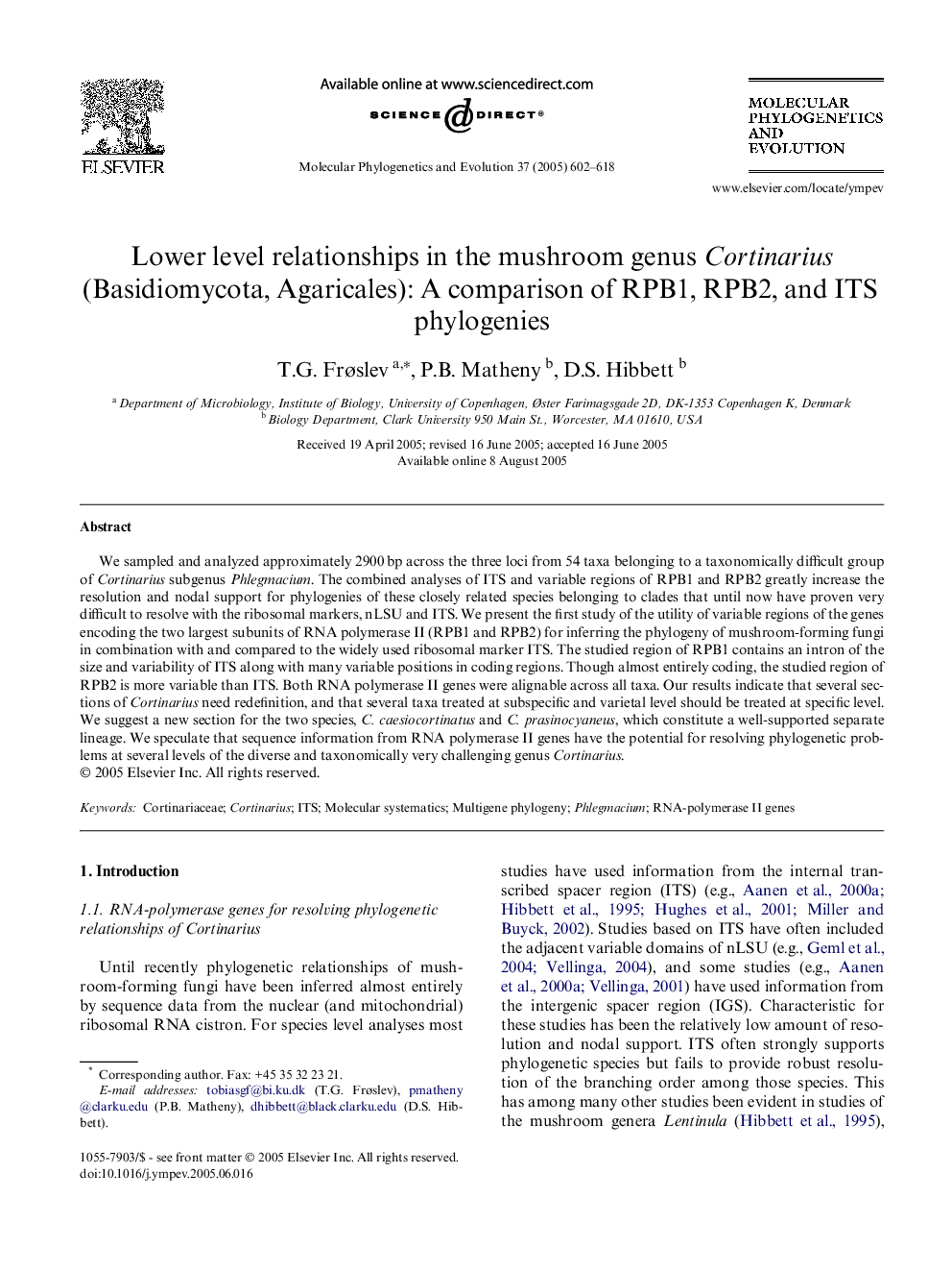 Lower level relationships in the mushroom genus Cortinarius (Basidiomycota, Agaricales): A comparison of RPB1, RPB2, and ITS phylogenies