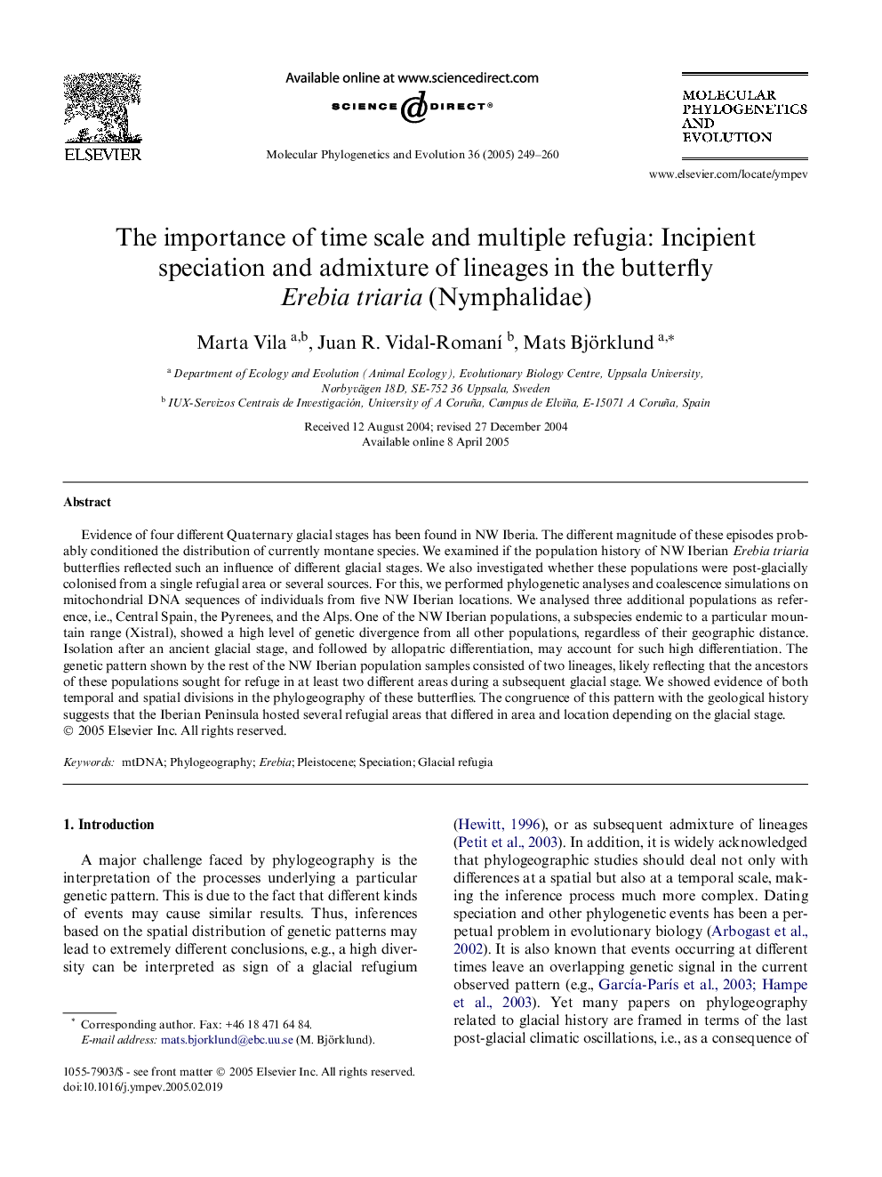 The importance of time scale and multiple refugia: Incipient speciation and admixture of lineages in the butterfly Erebia triaria (Nymphalidae)