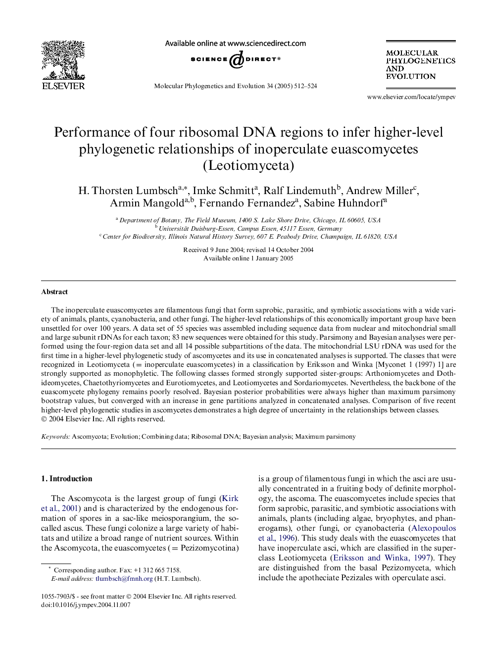 Performance of four ribosomal DNA regions to infer higher-level phylogenetic relationships of inoperculate euascomycetes (Leotiomyceta)