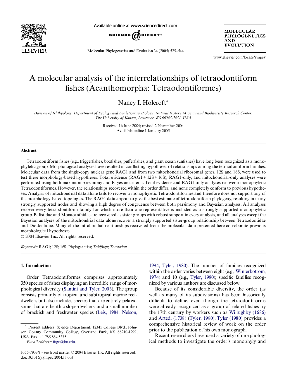 A molecular analysis of the interrelationships of tetraodontiform fishes (Acanthomorpha: Tetraodontiformes)