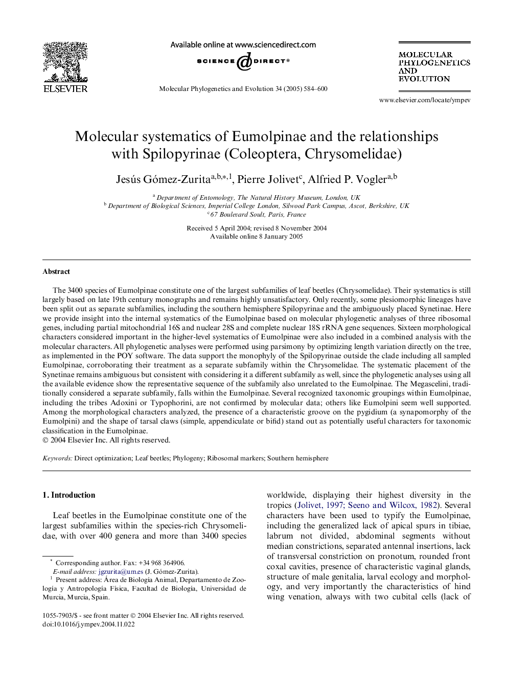 Molecular systematics of Eumolpinae and the relationships with Spilopyrinae (Coleoptera, Chrysomelidae)