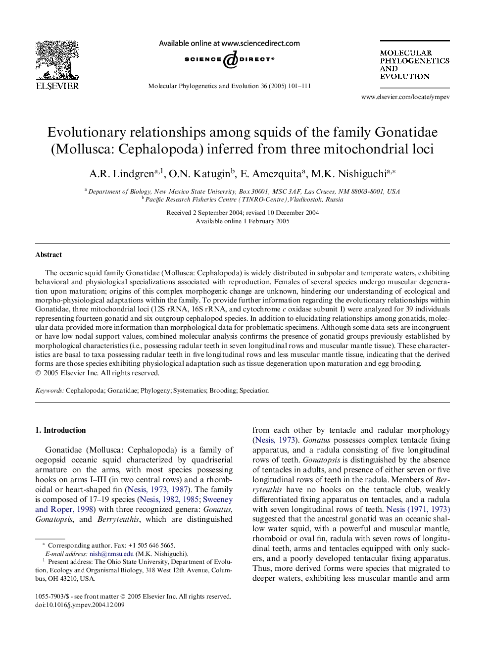 Evolutionary relationships among squids of the family Gonatidae (Mollusca: Cephalopoda) inferred from three mitochondrial loci