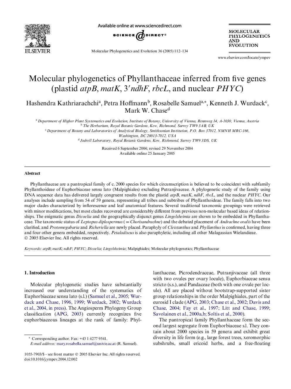 Molecular phylogenetics of Phyllanthaceae inferred from five genes (plastid atpB, matK, 3â²ndhF, rbcL, and nuclear PHYC)