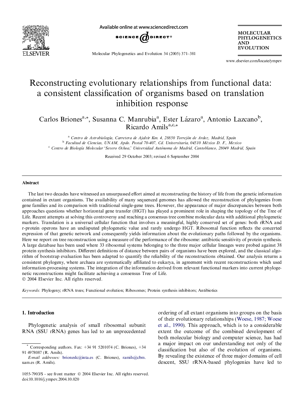 Reconstructing evolutionary relationships from functional data: a consistent classification of organisms based on translation inhibition response