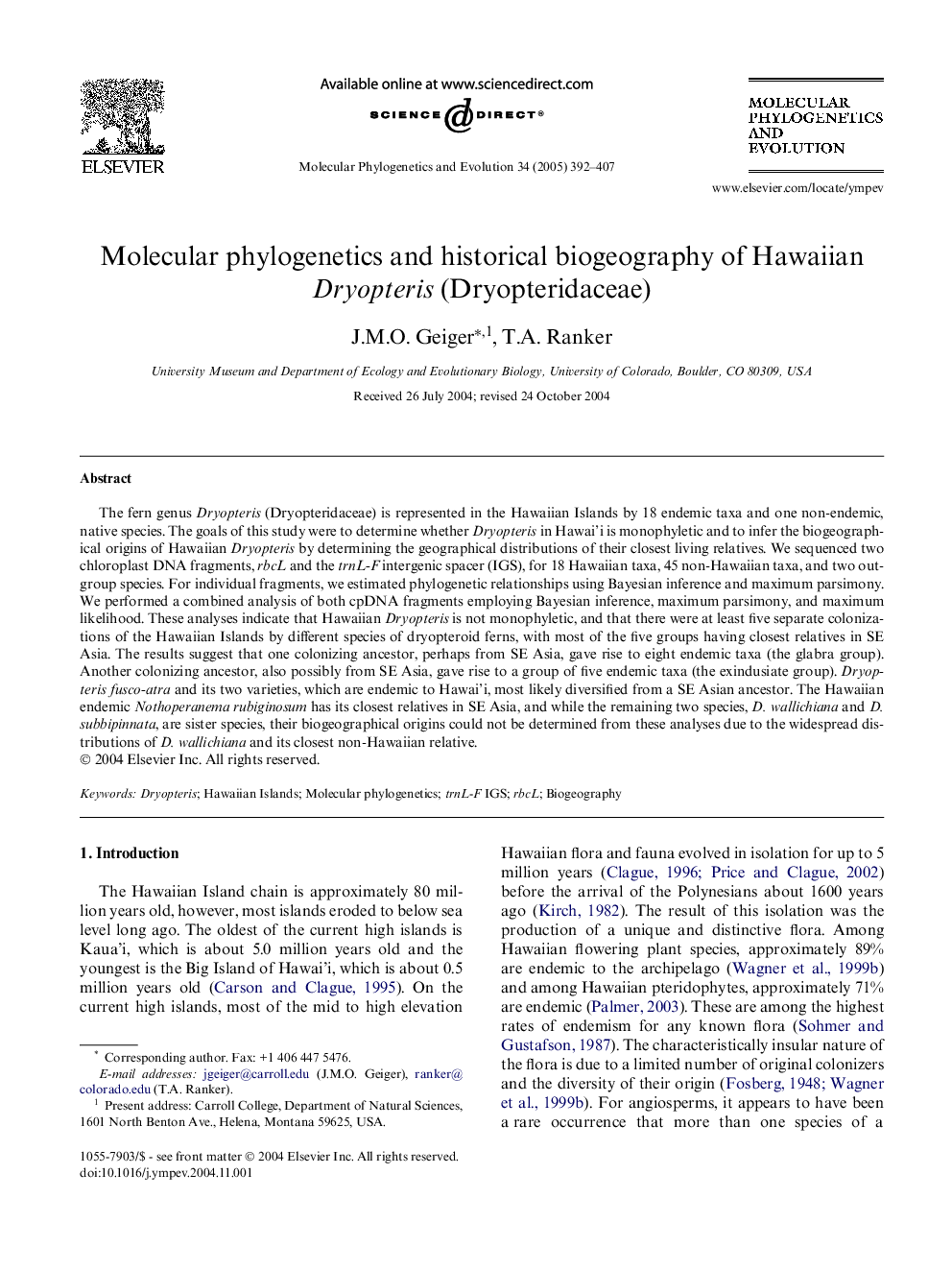 Molecular phylogenetics and historical biogeography of Hawaiian Dryopteris (Dryopteridaceae)