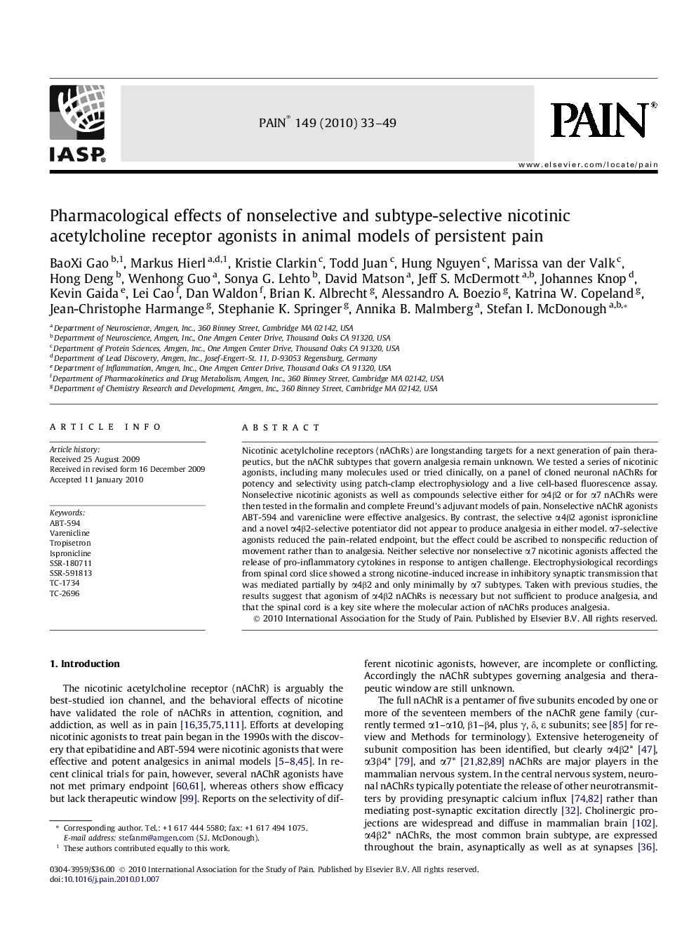 Pharmacological effects of nonselective and subtype-selective nicotinic acetylcholine receptor agonists in animal models of persistent pain