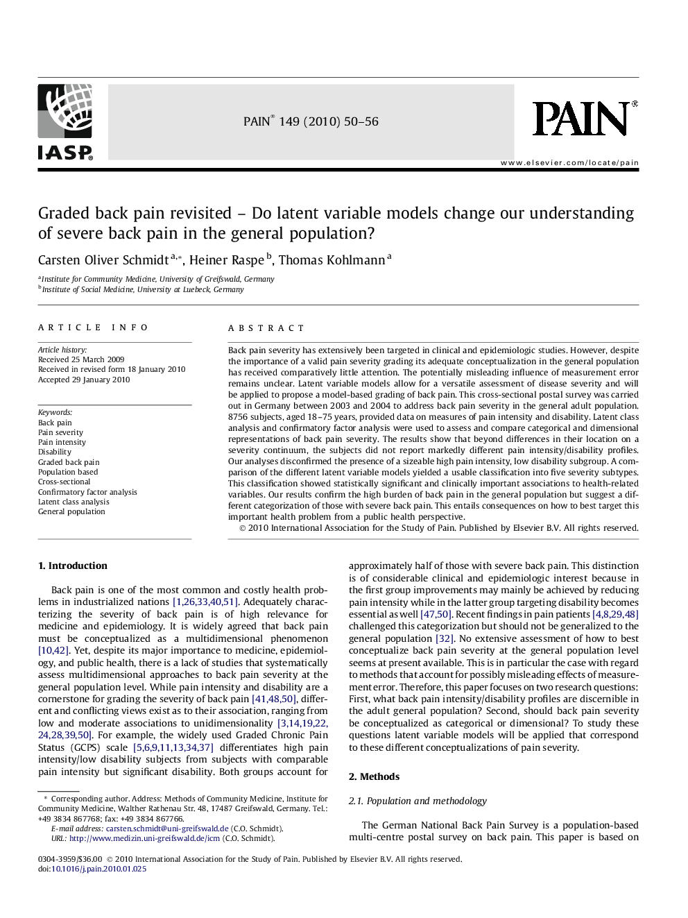 Graded back pain revisited - Do latent variable models change our understanding of severe back pain in the general population?