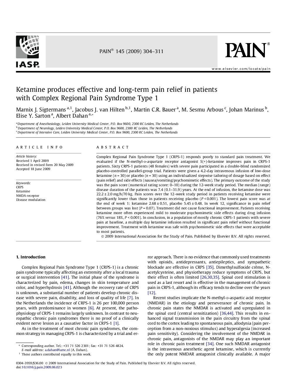 Ketamine produces effective and long-term pain relief in patients with Complex Regional Pain Syndrome Type 1