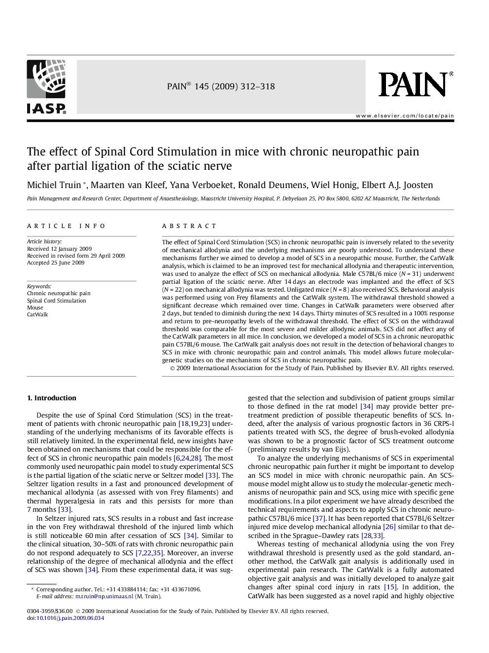 The effect of Spinal Cord Stimulation in mice with chronic neuropathic pain after partial ligation of the sciatic nerve