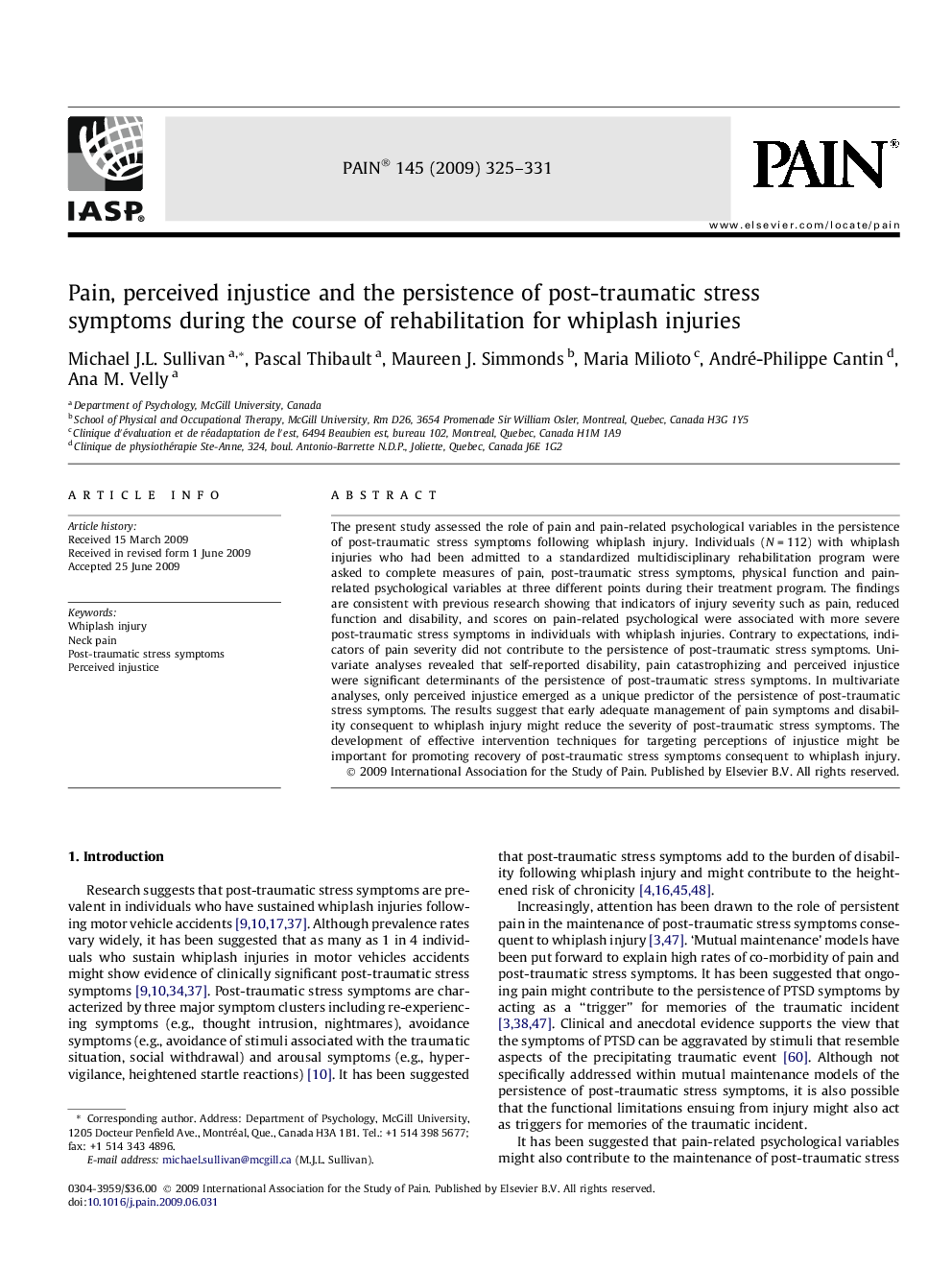 Pain, perceived injustice and the persistence of post-traumatic stress symptoms during the course of rehabilitation for whiplash injuries