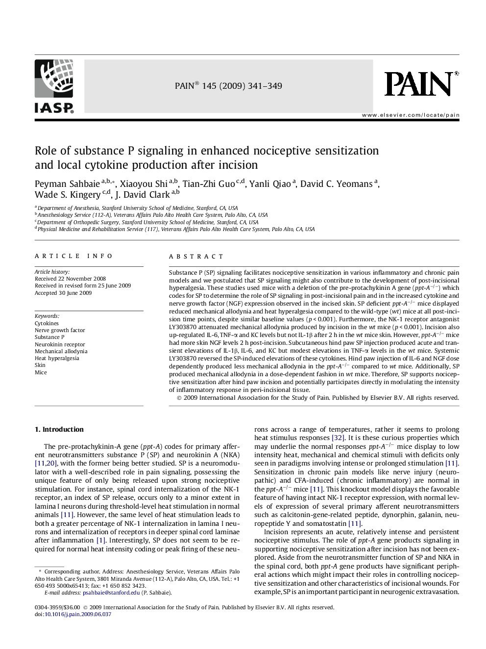 Role of substance P signaling in enhanced nociceptive sensitization and local cytokine production after incision