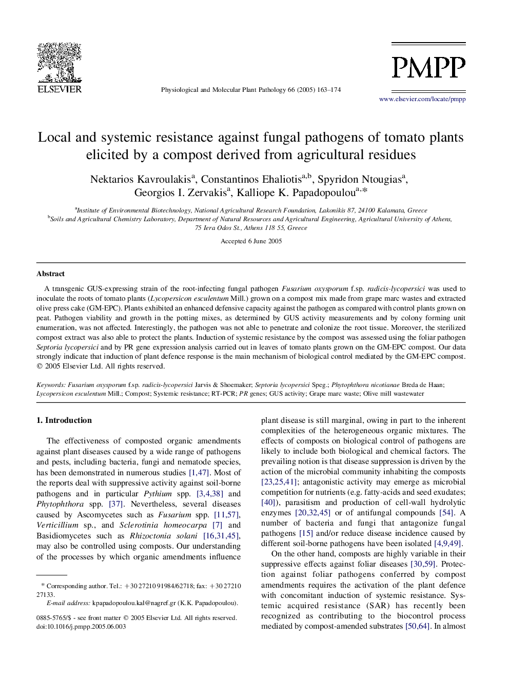 Local and systemic resistance against fungal pathogens of tomato plants elicited by a compost derived from agricultural residues