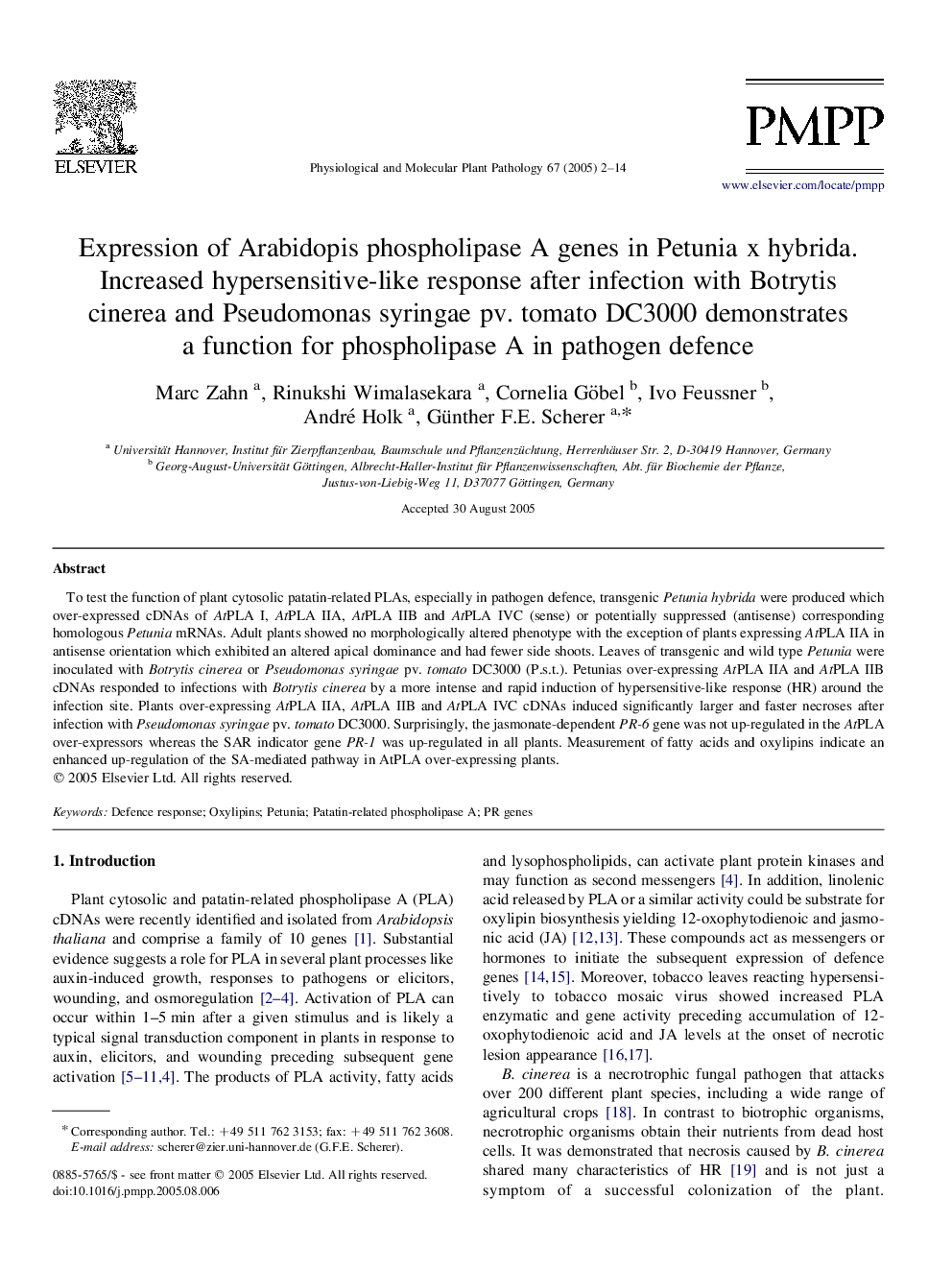 Expression of Arabidopis phospholipase A genes in Petunia x hybrida. Increased hypersensitive-like response after infection with Botrytis cinerea and Pseudomonas syringae pv. tomato DC3000 demonstrates a function for phospholipase A in pathogen defence