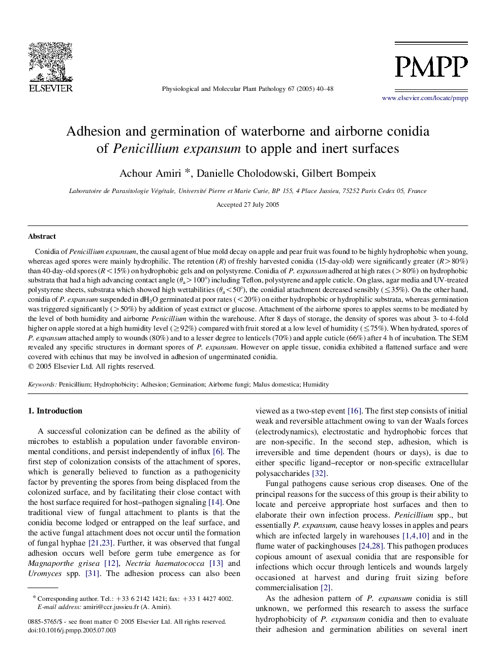 Adhesion and germination of waterborne and airborne conidia of Penicillium expansum to apple and inert surfaces