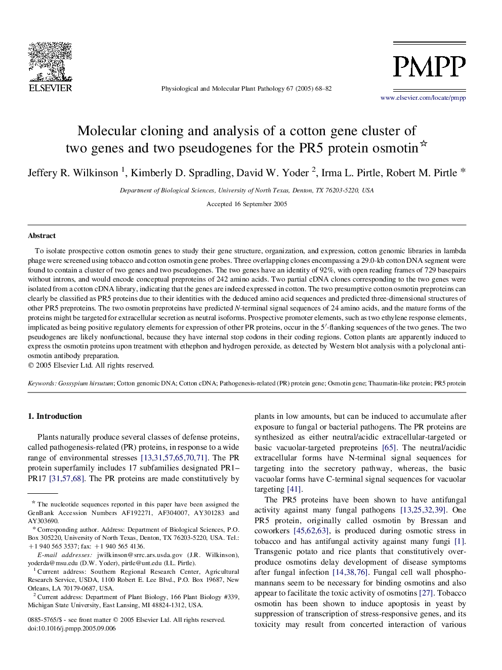 Molecular cloning and analysis of a cotton gene cluster of two genes and two pseudogenes for the PR5 protein osmotin