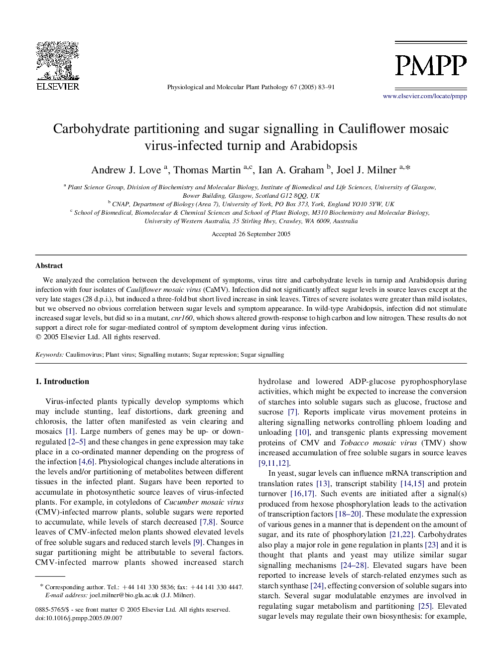 Carbohydrate partitioning and sugar signalling in Cauliflower mosaic virus-infected turnip and Arabidopsis