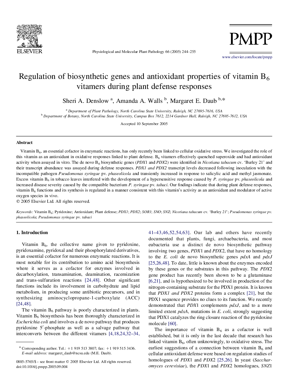 Regulation of biosynthetic genes and antioxidant properties of vitamin B6 vitamers during plant defense responses