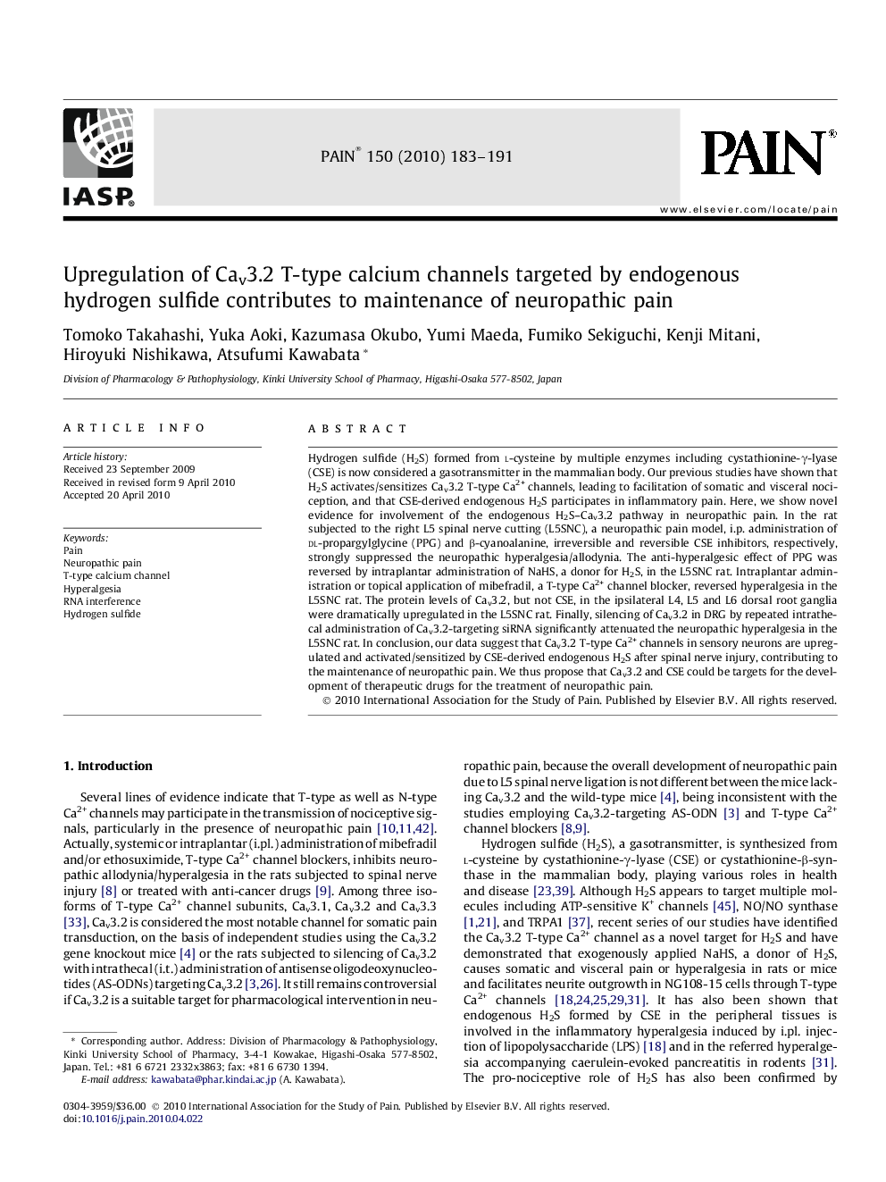 Upregulation of Cav3.2 T-type calcium channels targeted by endogenous hydrogen sulfide contributes to maintenance of neuropathic pain