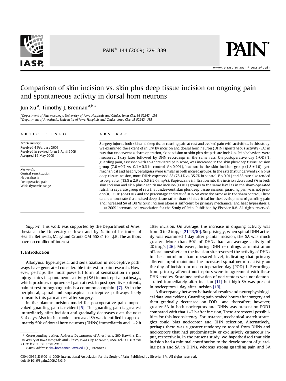 Comparison of skin incision vs. skin plus deep tissue incision on ongoing pain and spontaneous activity in dorsal horn neurons