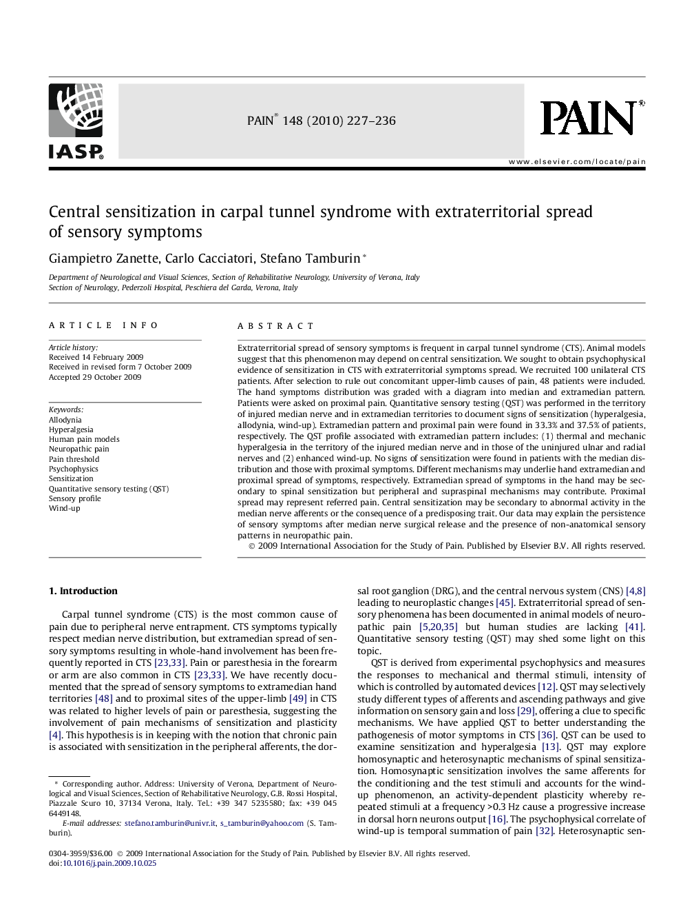 Central sensitization in carpal tunnel syndrome with extraterritorial spread of sensory symptoms