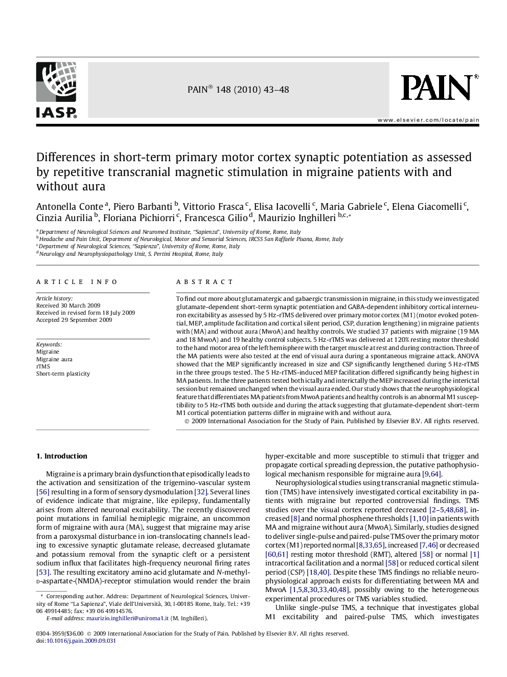 Differences in short-term primary motor cortex synaptic potentiation as assessed by repetitive transcranial magnetic stimulation in migraine patients with and without aura