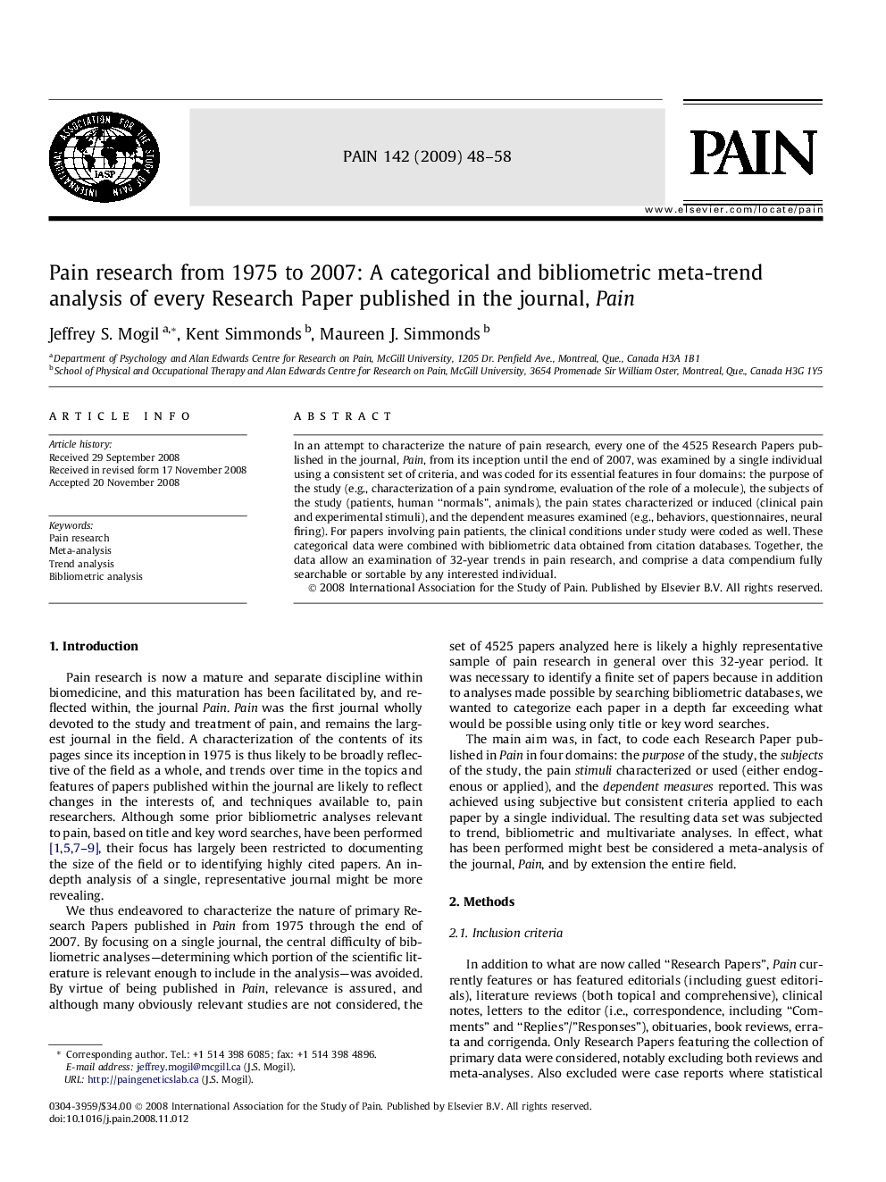 Pain research from 1975 to 2007: A categorical and bibliometric meta-trend analysis of every Research Paper published in the journal, Pain