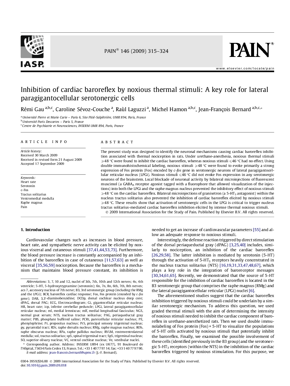 Inhibition of cardiac baroreflex by noxious thermal stimuli: A key role for lateral paragigantocellular serotonergic cells